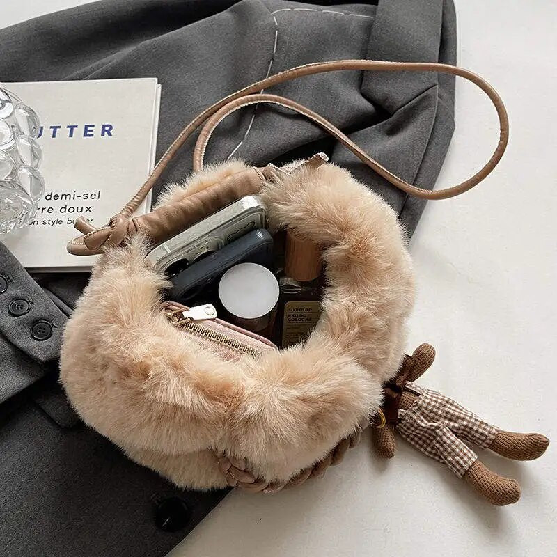 Žiemos mielas pliušinis krepšys Crossbody Krepšiai moterims per petį Naujas aksominis krepšys panelei mergaitei rudeninė maža minkšto kailio rankinė