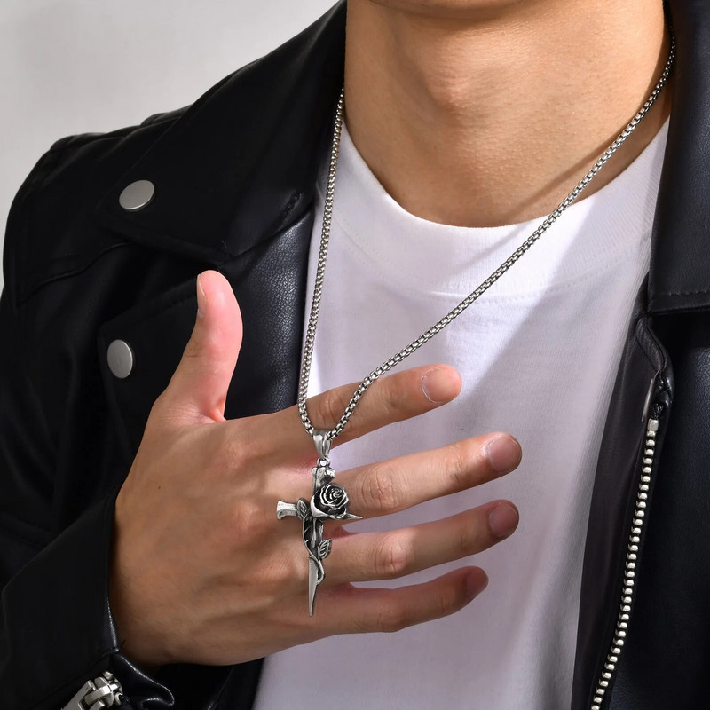 Uued gooti punk-roosi lilledega kaelakeed meestele Hip-hop räppari kingitus, veekindlast roostevabast terasest retroristripatsiga ehted