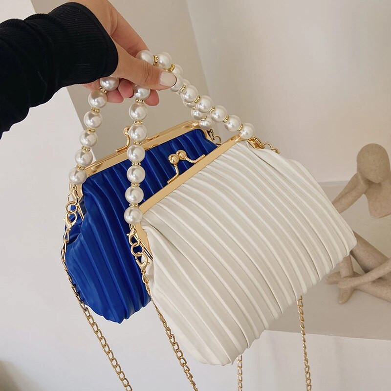 Madingi sulankstyti odiniai mini pečių krepšiai, moteriški perlų grandinės viršutiniai sankabos krepšiai, spaustukai, skersiniai krepšiai piniginė Prekės ženklo dizaino moteriška rankinė