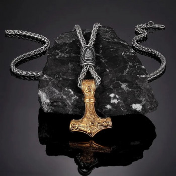 MKENDN Неръждаема стомана Norse Vikings Thor\'s Hammer Mjolnir Скандинавска руна Амулет Колие с висулка с верига Като мъжки пънк подарък
