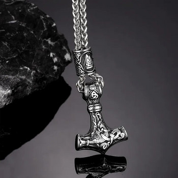 MKENDN Κρεμαστό κολιέ από ανοξείδωτο ατσάλι Norse Vikings Thor\'s Hammer Mjolnir Scandinavian Rune Amulet με δώρο Chain As Men Punk