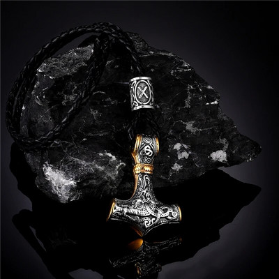 MKENDN nerūdijančio plieno skandinavų vikingų Thor's Hammer Mjolnir skandinaviškos runos amuleto pakabukas su grandinėle kaip vyrų pankų dovana
