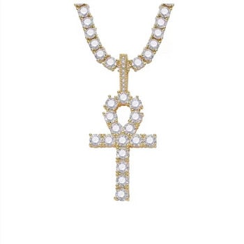 Ντελικάτο κολιέ Bling Ice Out Ankh Cross Κολιέ Vintage Αιγυπτιακό κολιέ Key of Life Ανδρικά κοσμήματα χιπ χοπ ροκ