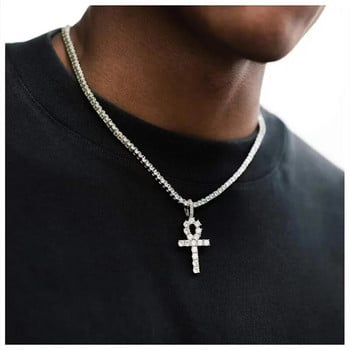 Ντελικάτο κολιέ Bling Ice Out Ankh Cross Κολιέ Vintage Αιγυπτιακό κολιέ Key of Life Ανδρικά κοσμήματα χιπ χοπ ροκ