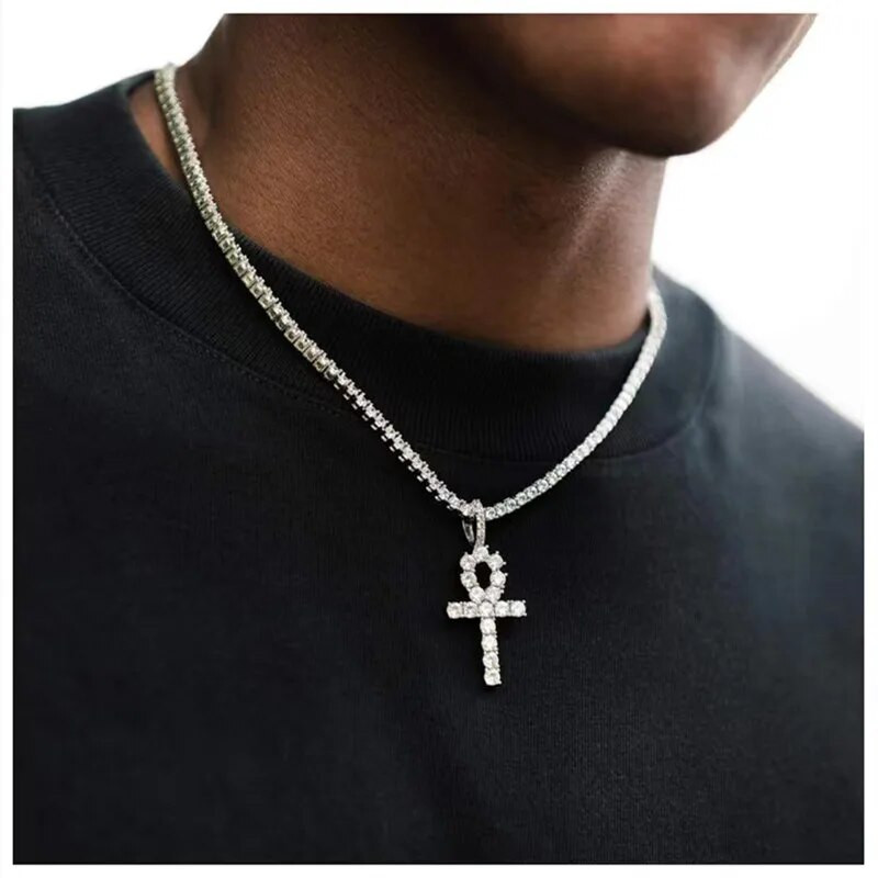 Subtilus Bling Ice Out Ankh Cross karoliai pakabukas Vintažinis Egipto gyvenimo rakto karoliai Vyriški hiphopo roko papuošalai