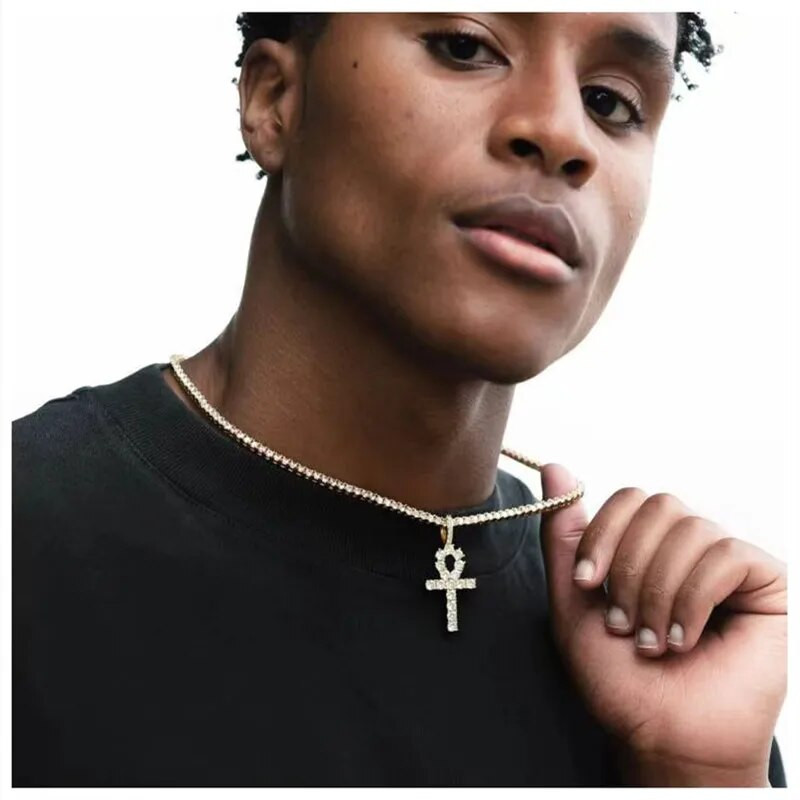 Subtilus Bling Ice Out Ankh Cross karoliai pakabukas Vintažinis Egipto gyvenimo rakto karoliai Vyriški hiphopo roko papuošalai
