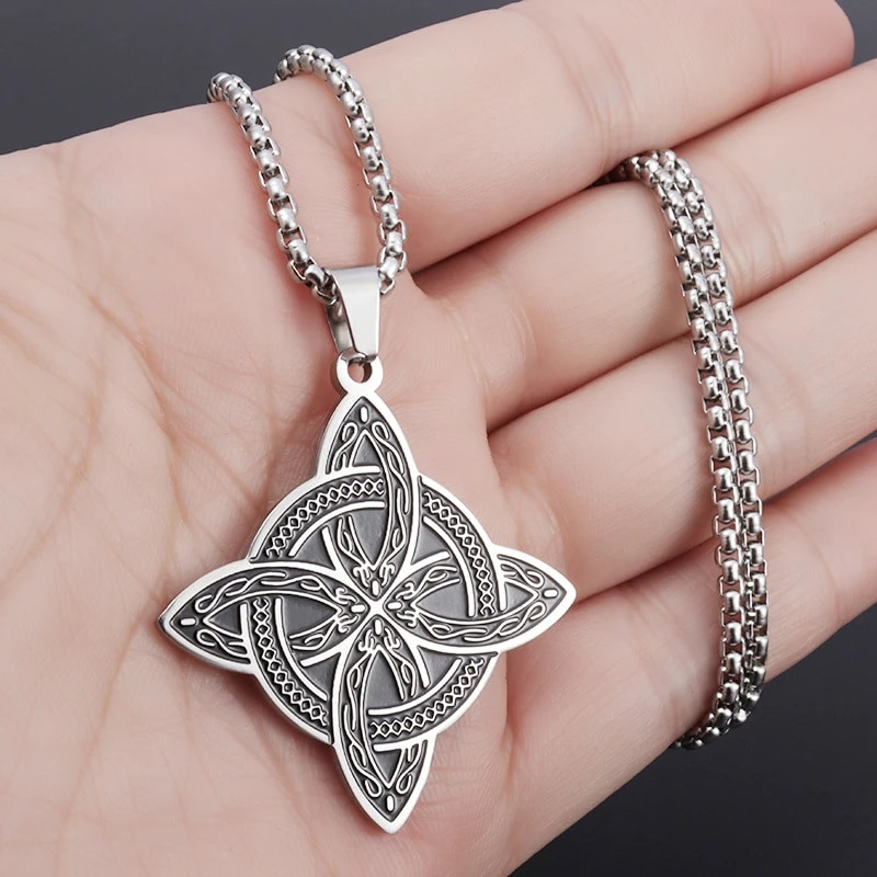 Nerūdijančio plieno sidabro spalvos rašto raganos mazgo pakabuko karoliai Keltų mazgo laimės papuošalų dovana draugams šeimai