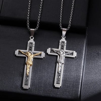 Crucifix clasic din oțel inoxidabil Statuie Cruce pandantiv colier pentru bărbați femei Rugăciune creștină Amuleta Bijuterii religioase Cadou