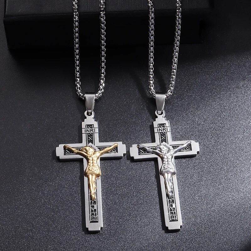 Klasikinis nerūdijančio plieno nukryžiuotasis kryžiaus kaklo pakabukas vyrams Moterų krikščionių maldos amuletas Religinė juvelyrinė dovana