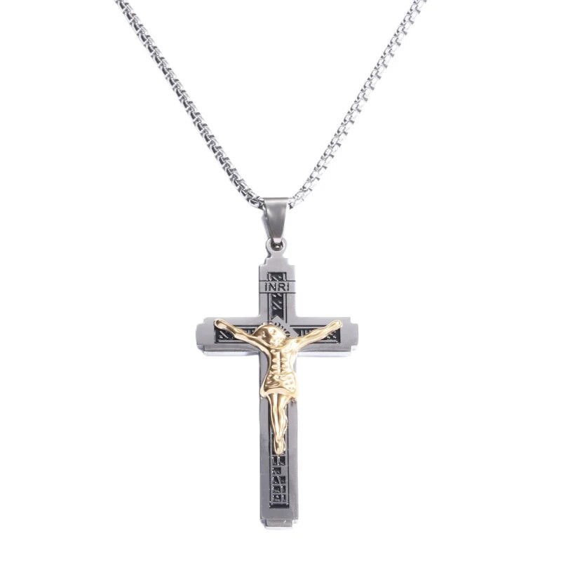 Klasikinis nerūdijančio plieno nukryžiuotasis kryžiaus kaklo pakabukas vyrams Moterų krikščionių maldos amuletas Religinė juvelyrinė dovana