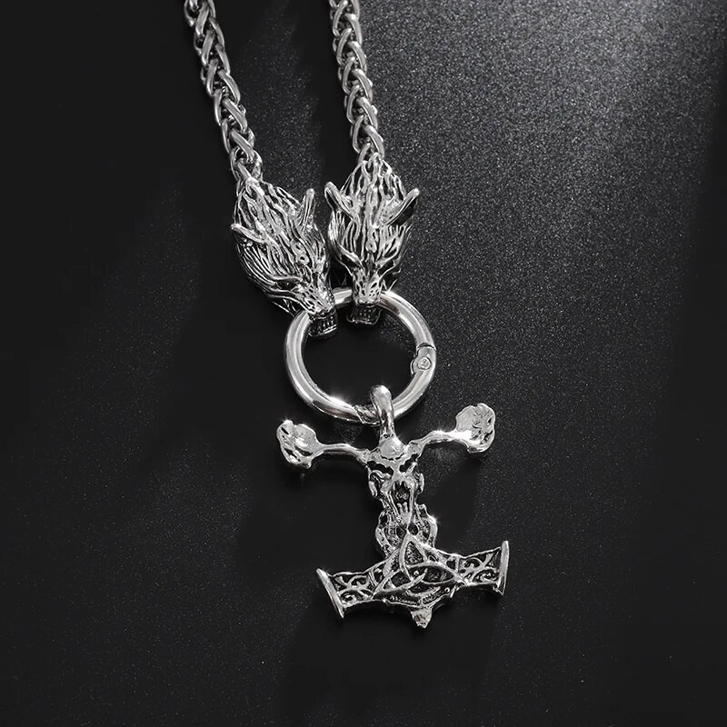 Vintage Viking Thor`s Hammer Double Wolf Head pakabukas karoliai nerūdijančio plieno grandinėlė vyrams Motor Punk Rock Šiaurės šalių papuošalai