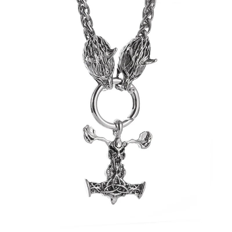 Vintage Viking Thor`s Hammer Double Wolf Head pakabukas karoliai nerūdijančio plieno grandinėlė vyrams Motor Punk Rock Šiaurės šalių papuošalai