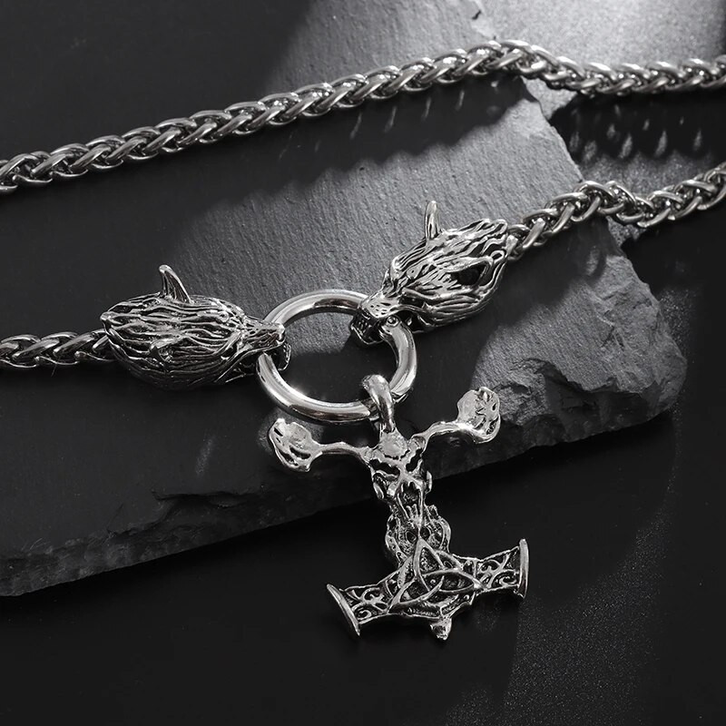 Vintage Viking Thor`s Hammer Double Wolf Head pakabukas karoliai nerūdijančio plieno grandinėlė vyrams Motor Punk Rock Šiaurės šalių papuošalai