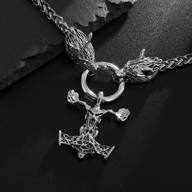 Vintage Viking Thor`s Hammer Double Wolf Head pakabukas karoliai nerūdijančio plieno grandinėlė vyrams Motor Punk Rock Šiaurės šalių papuošalai