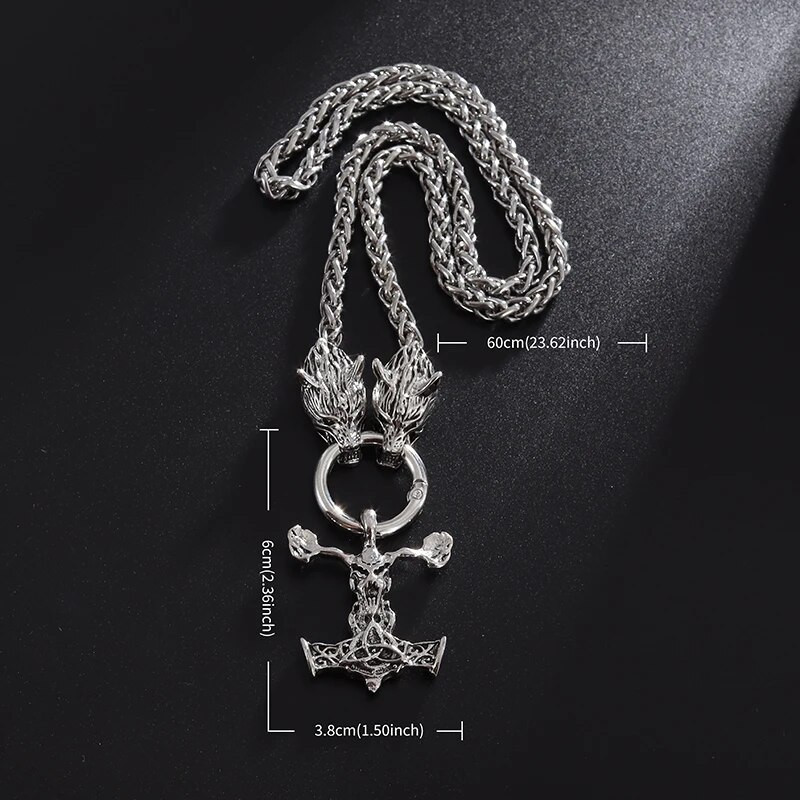 Vintage Viking Thor`s Hammer Double Wolf Head pakabukas karoliai nerūdijančio plieno grandinėlė vyrams Motor Punk Rock Šiaurės šalių papuošalai
