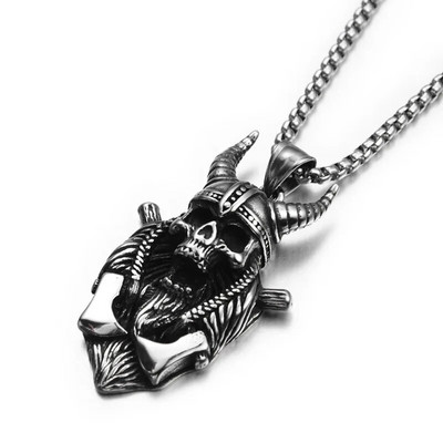 Colier cu pandantiv cu craniu tridimensional din oțel inoxidabil punk pentru bărbați, colier lung cu personalitate rock hip hop pentru bărbați, bijuterii de Halloween