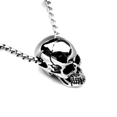 Colier cu pandantiv cu craniu tridimensional din oțel inoxidabil punk pentru bărbați, colier lung cu personalitate rock hip hop pentru bărbați, bijuterii de Halloween