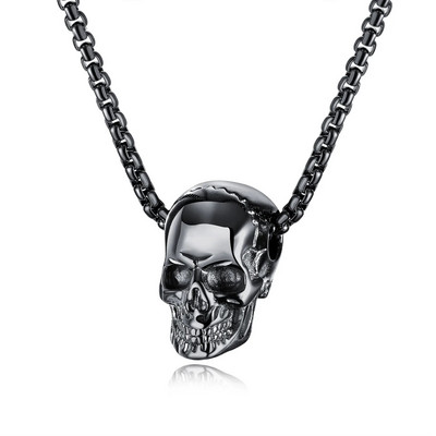 Colier cu pandantiv cu craniu tridimensional din oțel inoxidabil punk pentru bărbați, colier lung cu personalitate rock hip hop pentru bărbați, bijuterii de Halloween