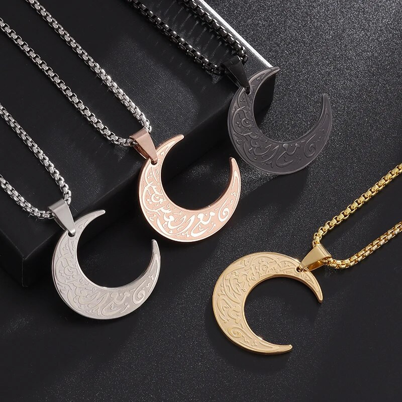 Arapska kaligrafija od nehrđajućeg čelika, vjerski mjesečev privjesak, ogrlica za muškarce, žene, islamski muslimanski ramazanski festival, nakit, poklon