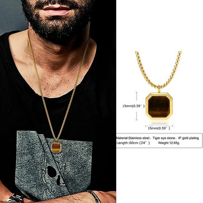 Βασιλικό τετράγωνο ανδρικό κολιέ, μενταγιόν από πέτρα Tiger's Eye, μενταγιόν από πέτρα Lapis Lazuli. Κολιέ από ρωμαϊκό μενταγιόν από ανοξείδωτο ατσάλι