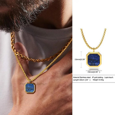 Βασιλικό τετράγωνο ανδρικό κολιέ, μενταγιόν από πέτρα Tiger's Eye, μενταγιόν από πέτρα Lapis Lazuli. Κολιέ από ρωμαϊκό μενταγιόν από ανοξείδωτο ατσάλι