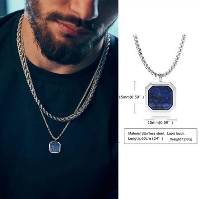 Βασιλικό τετράγωνο ανδρικό κολιέ, μενταγιόν από πέτρα Tiger's Eye, μενταγιόν από πέτρα Lapis Lazuli. Κολιέ από ρωμαϊκό μενταγιόν από ανοξείδωτο ατσάλι