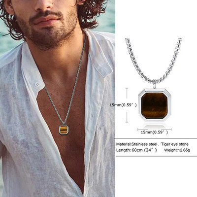 Βασιλικό τετράγωνο ανδρικό κολιέ, μενταγιόν από πέτρα Tiger's Eye, μενταγιόν από πέτρα Lapis Lazuli. Κολιέ από ρωμαϊκό μενταγιόν από ανοξείδωτο ατσάλι
