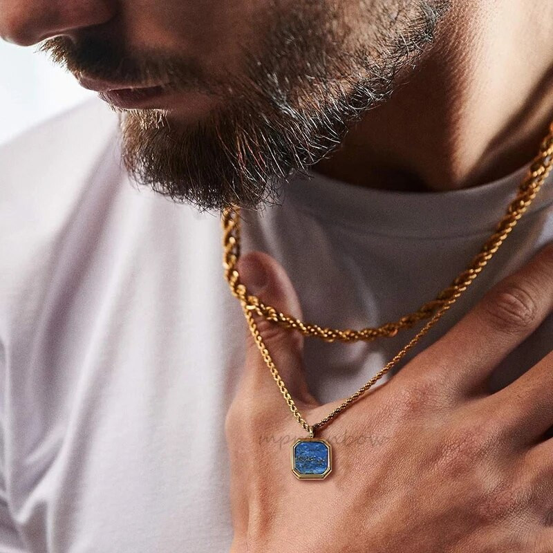 Βασιλικό τετράγωνο ανδρικό κολιέ, μενταγιόν από πέτρα Tiger's Eye, μενταγιόν από πέτρα Lapis Lazuli. Κολιέ από ρωμαϊκό μενταγιόν από ανοξείδωτο ατσάλι