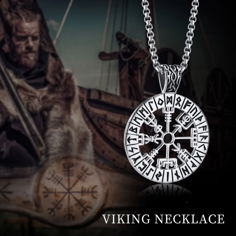 Κολιέ Vnox Viking Compass για άνδρες, Κοίλο μενταγιόν ιστιοπλοΐας από ανοξείδωτο ατσάλι με αλυσίδα κουτιού, φυλαχτό ρούνων Nordic Vegvisir