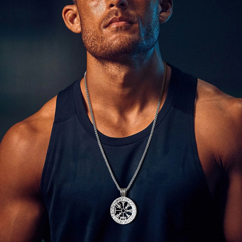 Κολιέ Vnox Viking Compass για άνδρες, Κοίλο μενταγιόν ιστιοπλοΐας από ανοξείδωτο ατσάλι με αλυσίδα κουτιού, φυλαχτό ρούνων Nordic Vegvisir