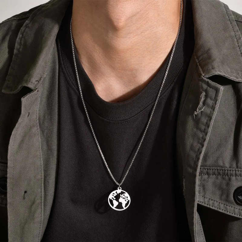 Ogrlice s kartom svijeta Vnox, crni privjesak s novčićima od nehrđajućeg čelika, putnički ovratnik, uniseks muškarci i žene nakit