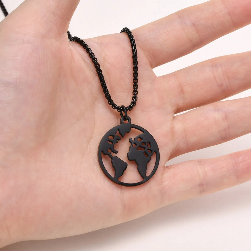 Ogrlice s kartom svijeta Vnox, crni privjesak s novčićima od nehrđajućeg čelika, putnički ovratnik, uniseks muškarci i žene nakit