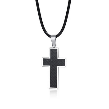 Ανδρικό κολιέ σταυρός, μενταγιόν σταυρός από μαύρο ανθρακονήματα, κρεμαστό κόσμημα από ανοξείδωτο ατσάλι Gentleman Jewelry
