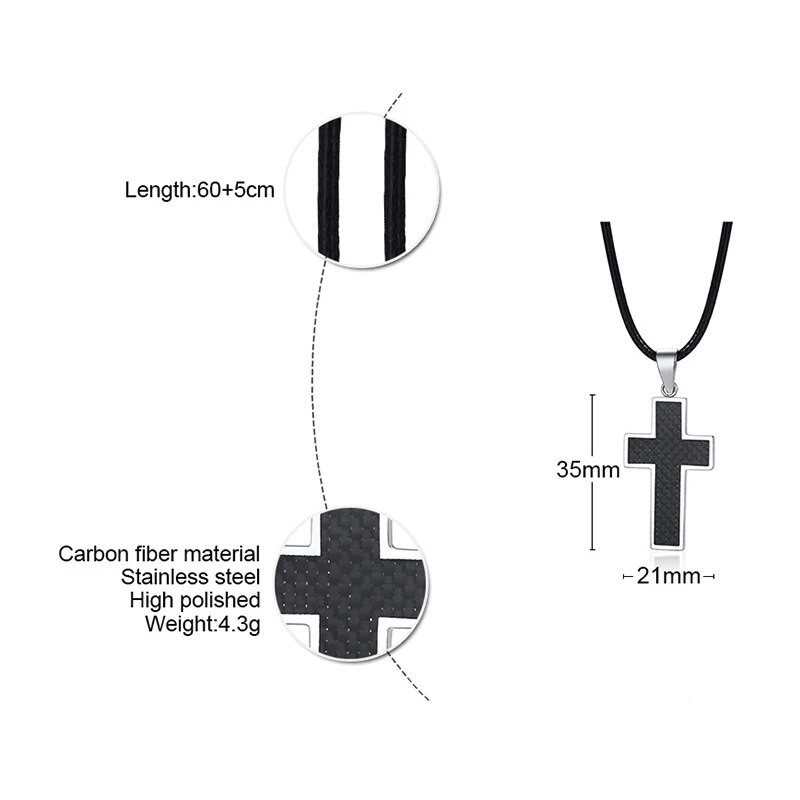 Vyriški kryžminiai karoliai, juodo anglies pluošto lotyniško kryžiaus pakabukas, nerūdijančio plieno briaunų pakabukas džentelmenų papuošalai