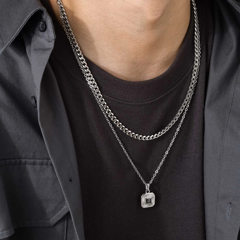 Σετ ανδρικά γεωμετρικά τετράγωνα κολιέ Vnox, ανοξείδωτη αλυσίδα Cuban Figaro Box, Στοιβαγμένος γιακάς 2 τμχ