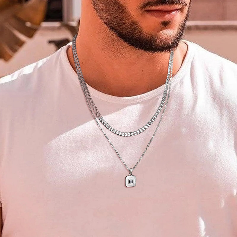 Σετ ανδρικά γεωμετρικά τετράγωνα κολιέ Vnox, ανοξείδωτη αλυσίδα Cuban Figaro Box, Στοιβαγμένος γιακάς 2 τμχ
