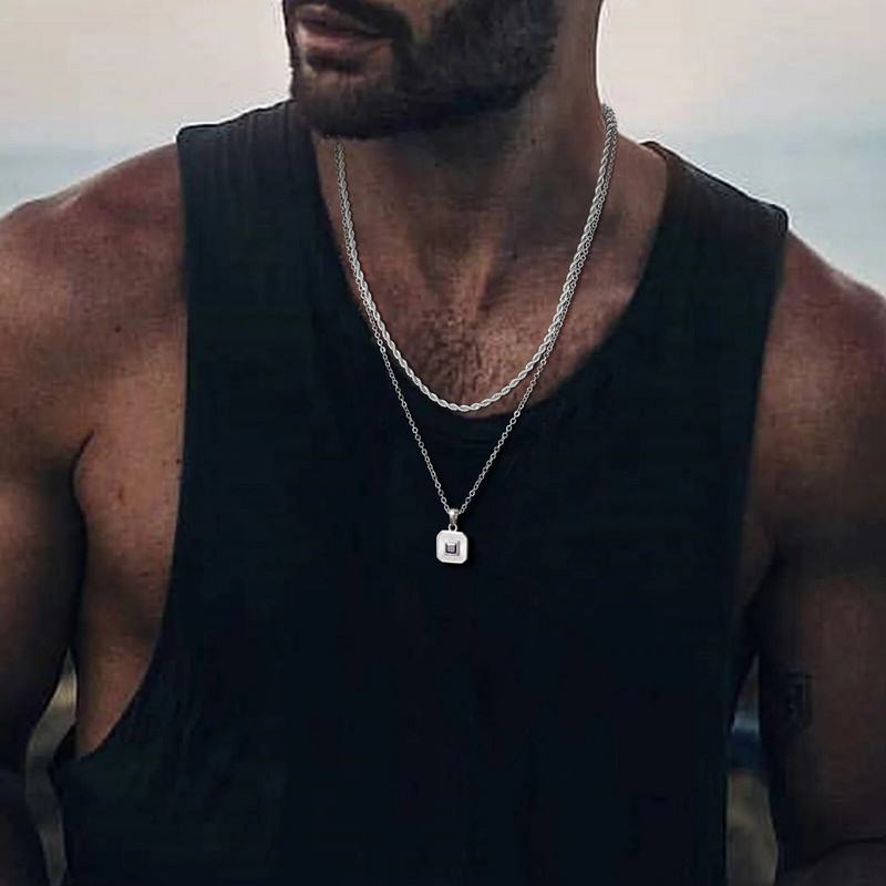 Σετ ανδρικά γεωμετρικά τετράγωνα κολιέ Vnox, ανοξείδωτη αλυσίδα Cuban Figaro Box, Στοιβαγμένος γιακάς 2 τμχ