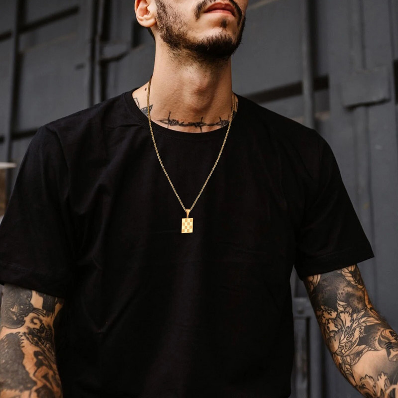 Ανδρικό τετράγωνο κολιέ σκακιέρας Mprainbow, αδιάβροχο καρό από ανοξείδωτο ατσάλι με γεωμετρικό κρεμαστό γιακά κοσμήματα δώρου γενεθλίων