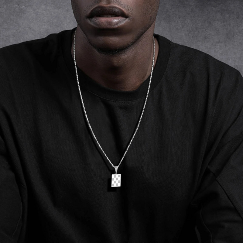 Ανδρικό τετράγωνο κολιέ σκακιέρας Mprainbow, αδιάβροχο καρό από ανοξείδωτο ατσάλι με γεωμετρικό κρεμαστό γιακά κοσμήματα δώρου γενεθλίων