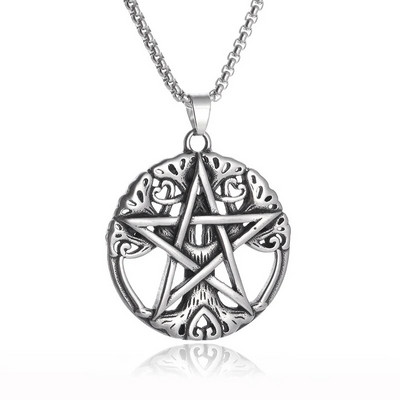 Colier Wiccan Pandantiv păgân pentru bărbați și femei Oțel inoxidabil placat cu argint Pentagramă Nordic Viking Raven Colier mistic