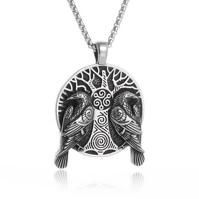 Colier Wiccan Pandantiv păgân pentru bărbați și femei Oțel inoxidabil placat cu argint Pentagramă Nordic Viking Raven Colier mistic