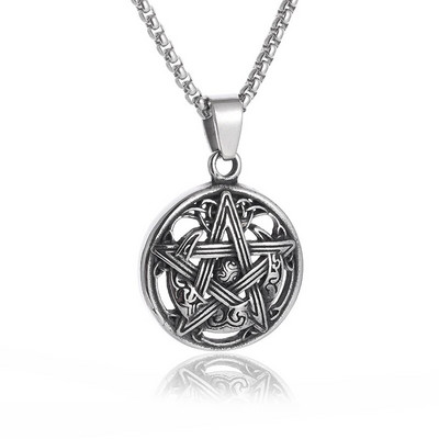 Colier Wiccan Pandantiv păgân pentru bărbați și femei Oțel inoxidabil placat cu argint Pentagramă Nordic Viking Raven Colier mistic