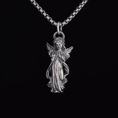 Античен сребърен цвят молещи се ръце Крила на ангел пазител Защита с висулка Колие за мъже и жени Религиозни бижута Подаръци