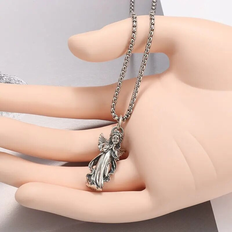 Antiikhõbedavärvi palvetavad käed kaitseingli tiivad kaitseripatsiga kaelakee meestele ja naistele religioossed ehted kingitused