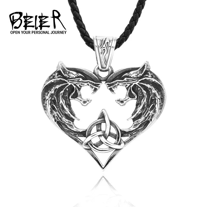 Išskirtinis dviejų vilkų pakabukas iš nerūdijančio plieno vikingų amuletų mėgėjas, gaminantis papuošalus poroms iš širdies