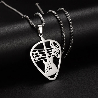 Stainless Steel Hollow Design Guitar Pick Bass Note Necklace Men and Women Suitable for Music Lovers Pendant Rock Punk Jewelry