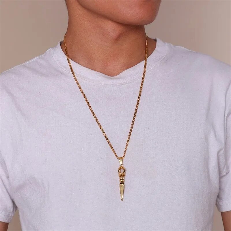 Ανδρικά περιδέραια θιβετιανής βουδιστικής προστασίας από ανοξείδωτο ατσάλι Vnox Punk, Κρεμαστό κόσμημα προσευχής Vajra Dagger Patron Saint Amulet