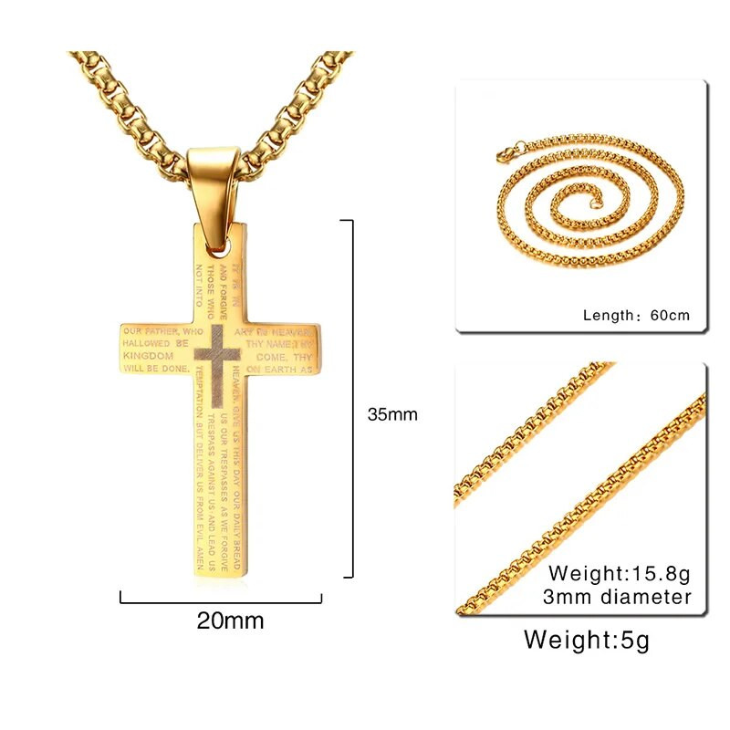 „Vnox“ klasikiniai kryžminiai pakabukai ir karoliai vyrams, graviruota Biblijos malda, nerūdijančio plieno papuošalai, nemokama 24 colių grandinėlė