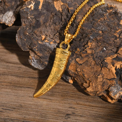Cool Punk Viking Horn κολιέ για άνδρες, αδιάβροχο ανοξείδωτο ατσάλι Norse Celtic Knots πυξίδα κρεμαστό κολάρο, φυλαχτά δώρα