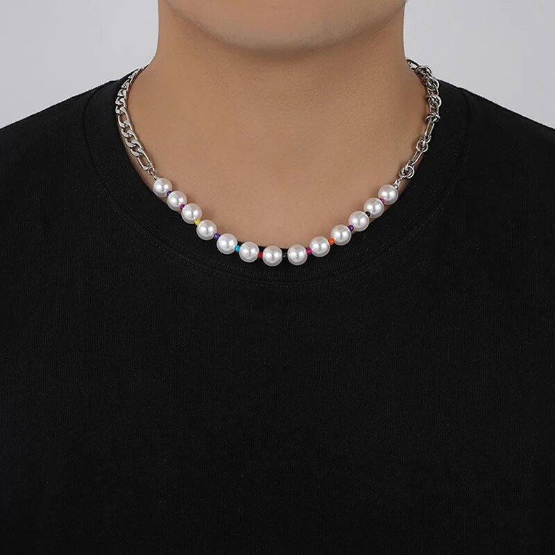 Μοντάζ Hiphop Ανδρικό μαργαριτάρι κολιέ πανκ από ανοξείδωτο ατσάλι πολύχρωμο κοντό τσόκερ για ανδρική αλυσίδα κλείδας μόδα κοσμήματα